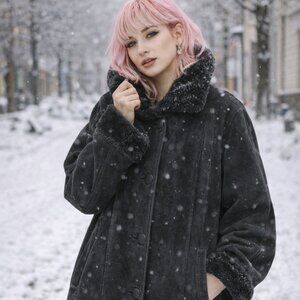 VTG Phil Leather Black Winter Real Suede Real Shearling Coat , Made in Canada